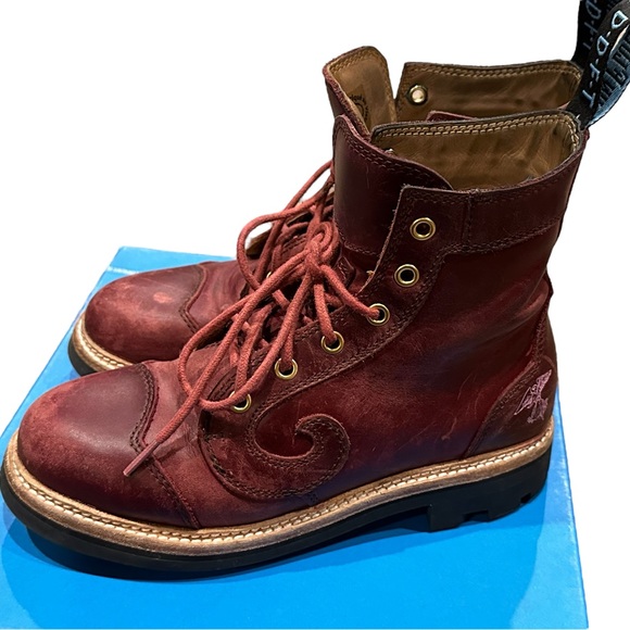 john Fluevog 7th Heaven 6 eyelet derby swirl boots burgundy size 7.5! - Picture 12 of 14